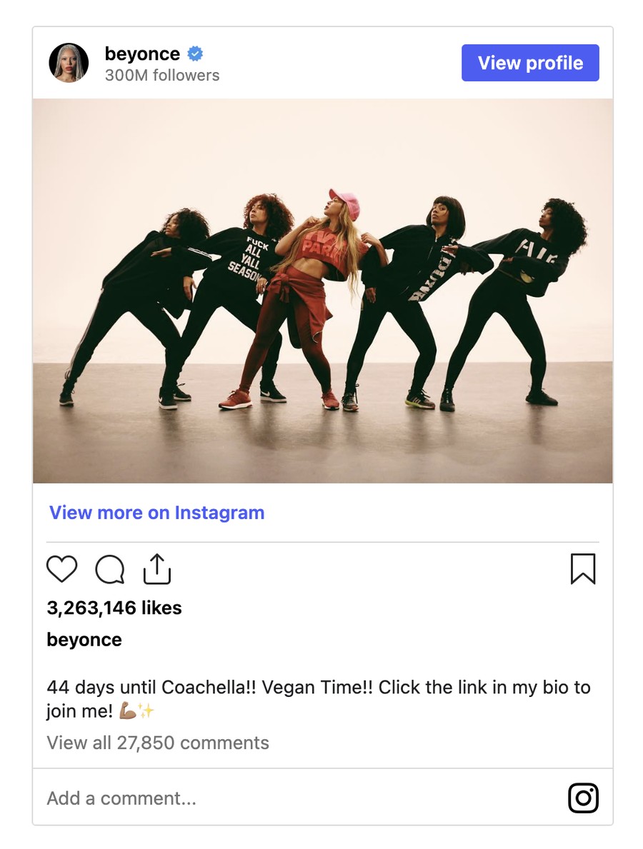 Beyoncé's Instagram post: 44 days until Coachella, Vegan Time, 3.26M likes