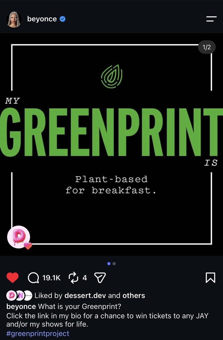 Beyoncé's Instagram post: My Greenprint is plant-based for breakfast