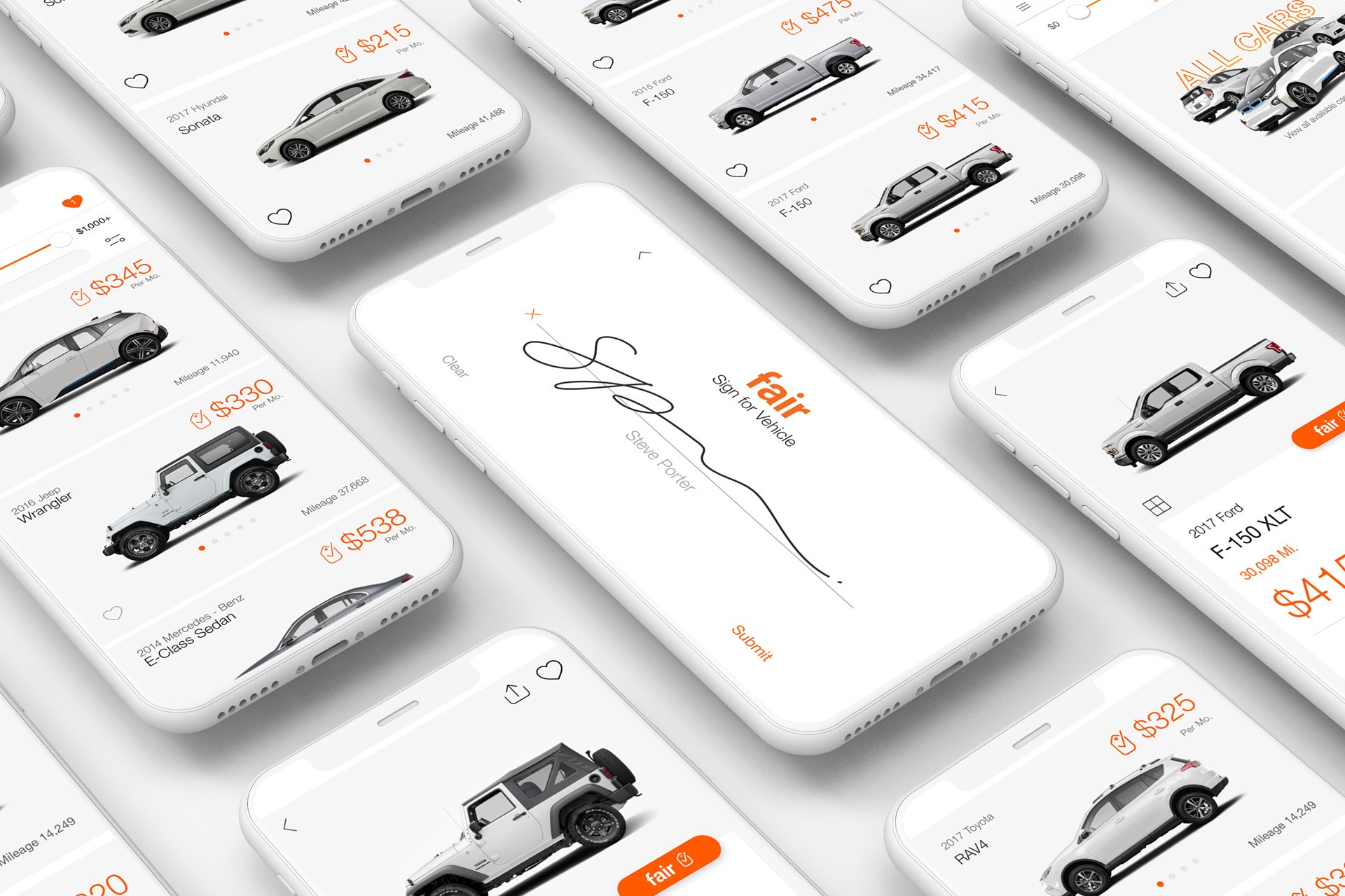 A grid of Fair app screens — car listings, monthly prices and the sign-for-vehicle flow