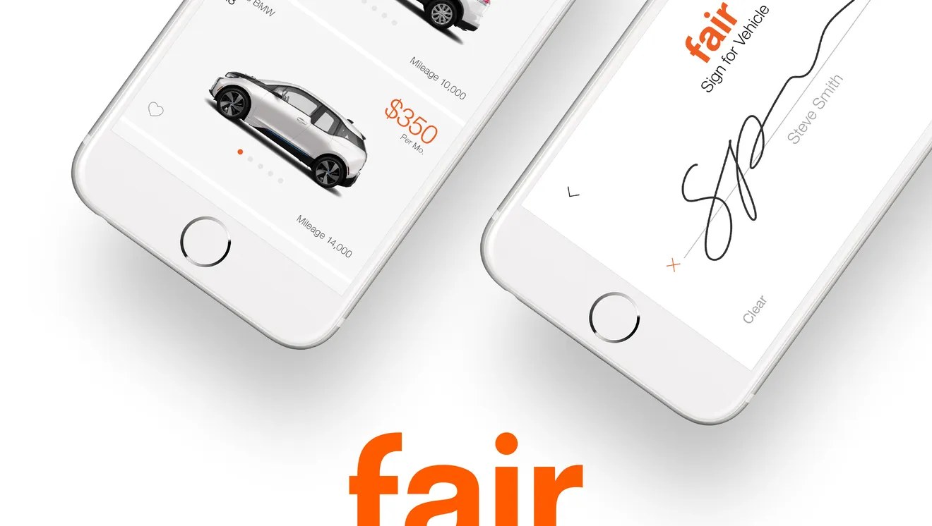 Fair app screens — browsing a car at $350/mo and signing for a vehicle — with the Fair wordmark