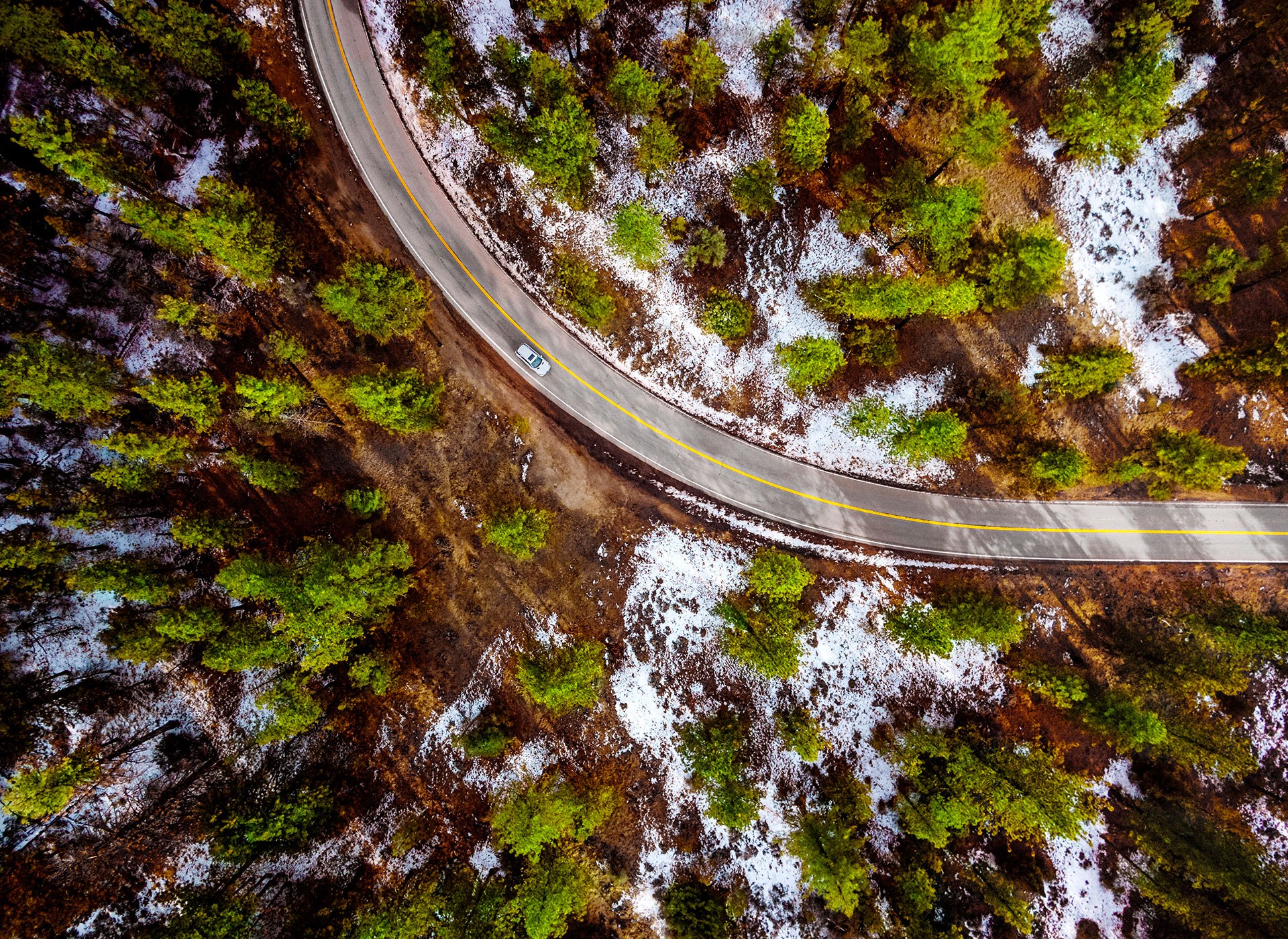 Aerial view of a single car on a winding forest road