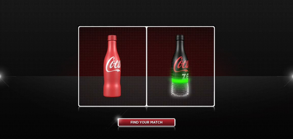Coca-Cola and Coke Zero side by side — the same taste, two faces — with a &lsquo;Find your match&rsquo; button