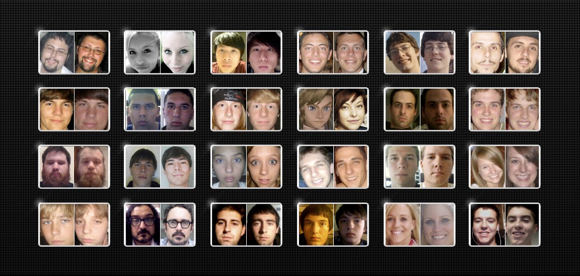A wall of real matched pairs — strangers who turned out to look like each other