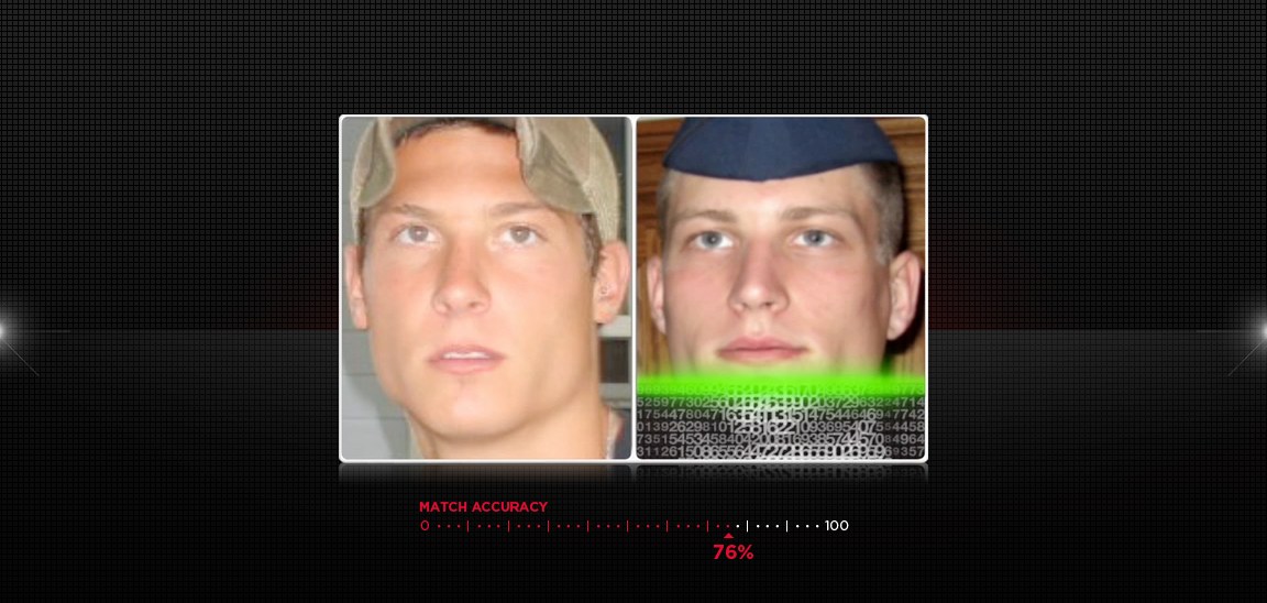 The app scanning two faces and scoring the match at 76% accuracy
