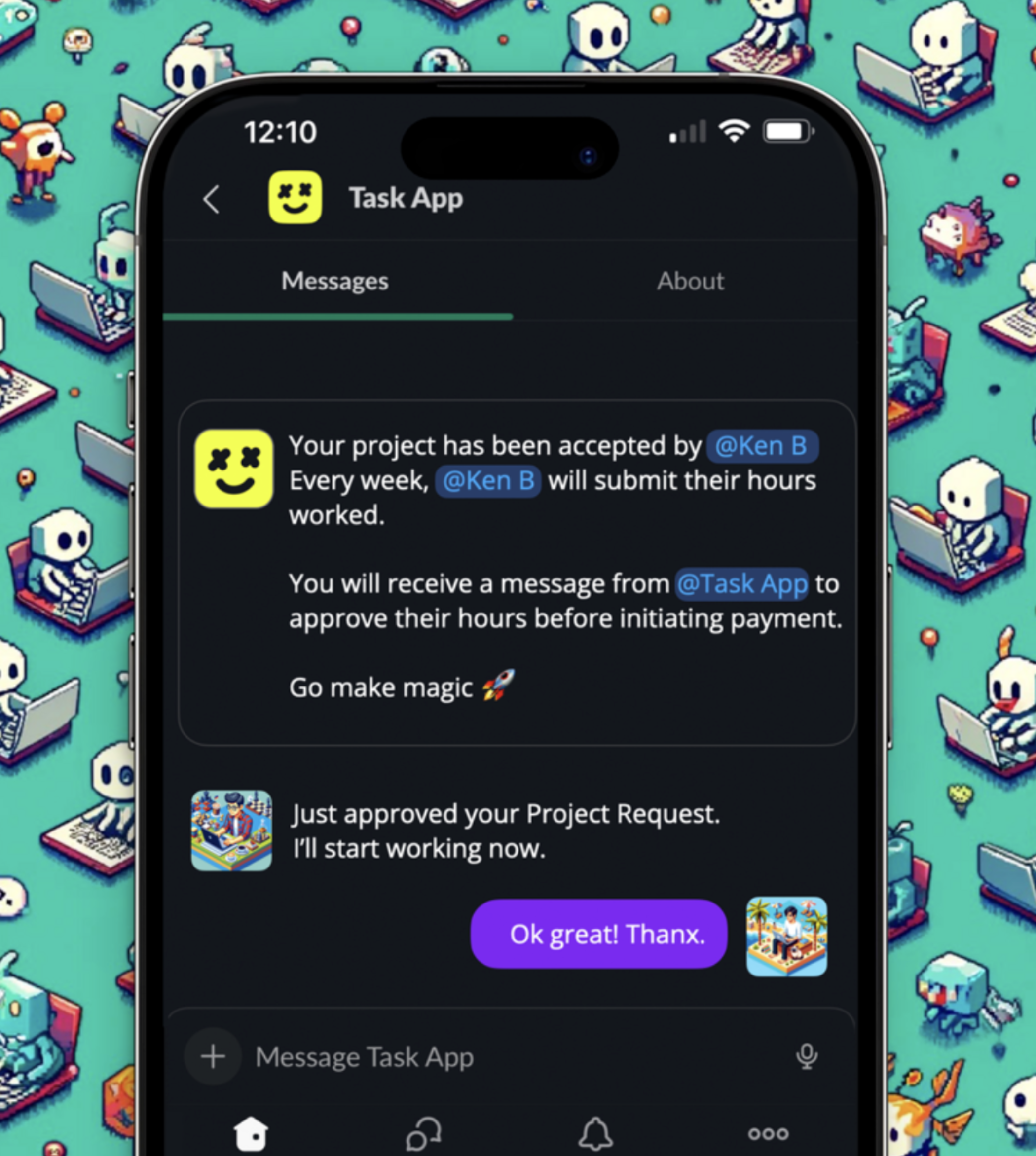 The Task App workflow inside Slack — project accepted, hours approved, and payment initiated