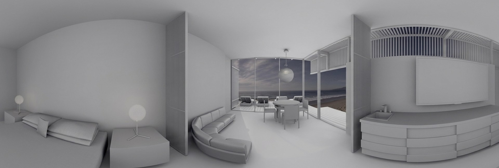 A 360° panoramic capture of a home — the source imagery behind a VR walkthrough