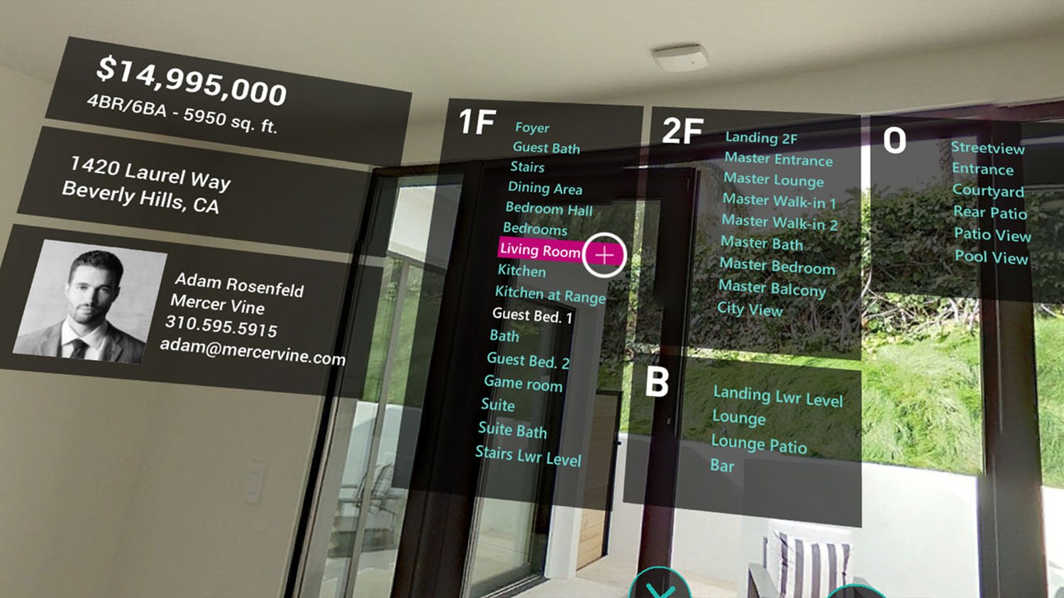 In-room detail markers and the room-jump menu inside the tour