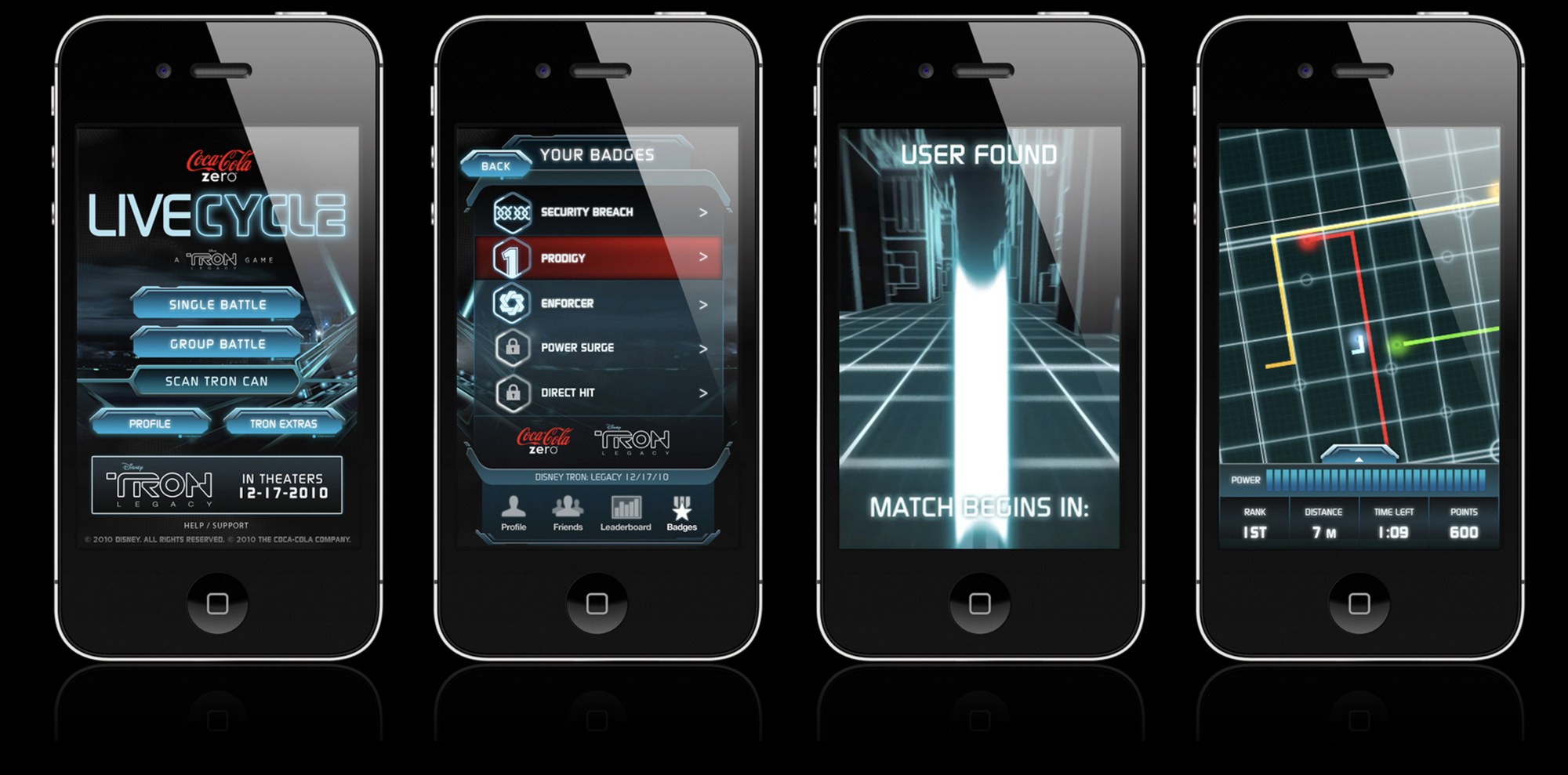 LiveCycle app screens — the main menu, badges, matchmaking, and the live map with players' light trails