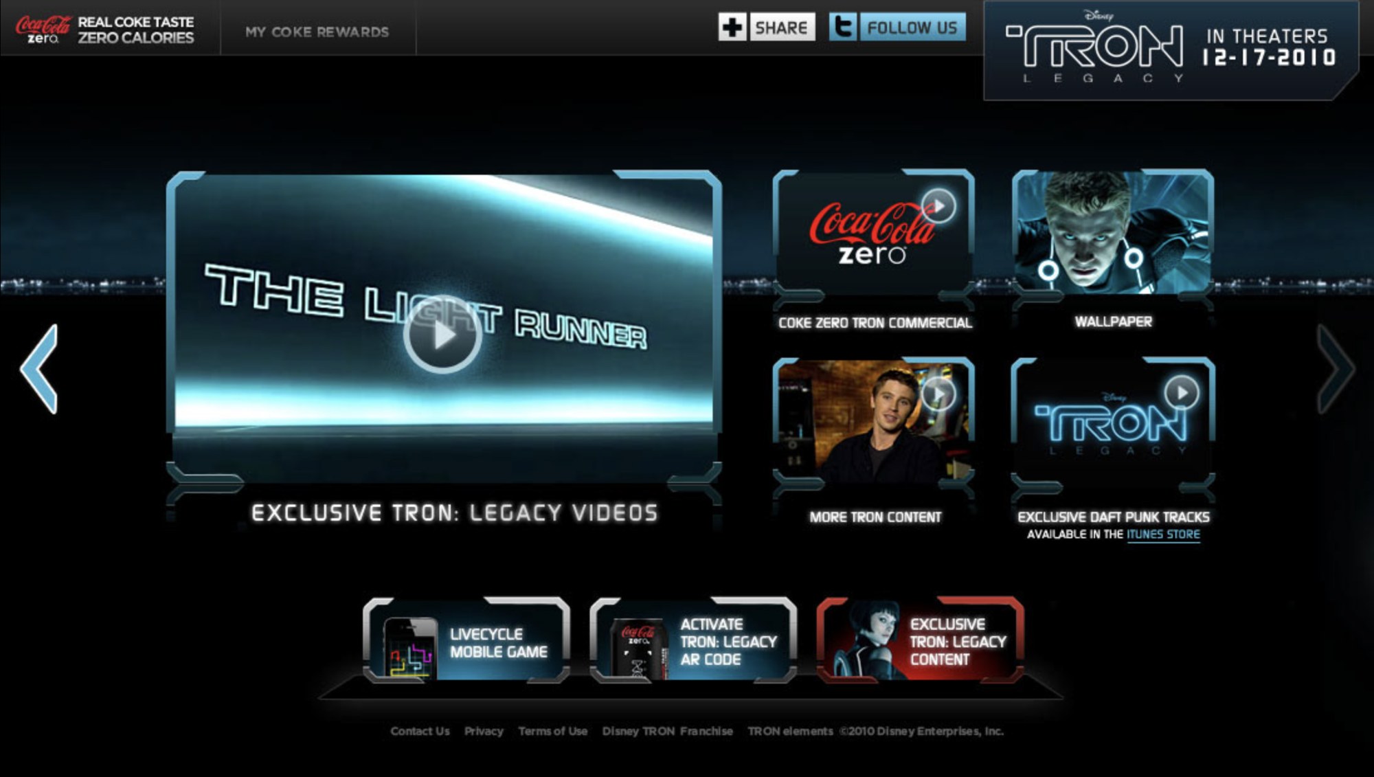 The exclusive TRON: Legacy content hub — The Light Runner, the Coke Zero TRON commercial, wallpapers and Daft Punk tracks