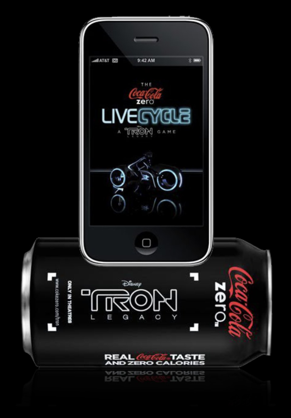 The LiveCycle title screen on an iPhone resting on a TRON: Legacy Coke Zero can
