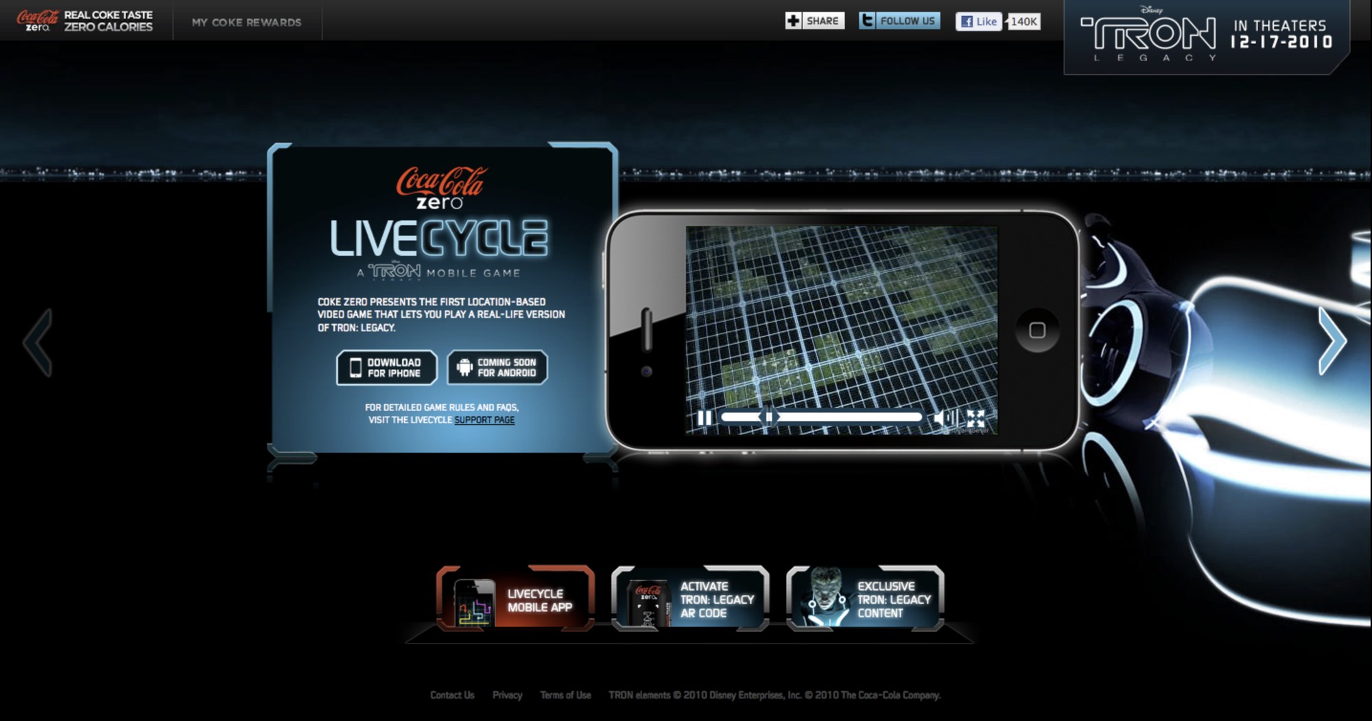 The LiveCycle landing page — download for iPhone, activate the AR code, unlock exclusive TRON: Legacy content