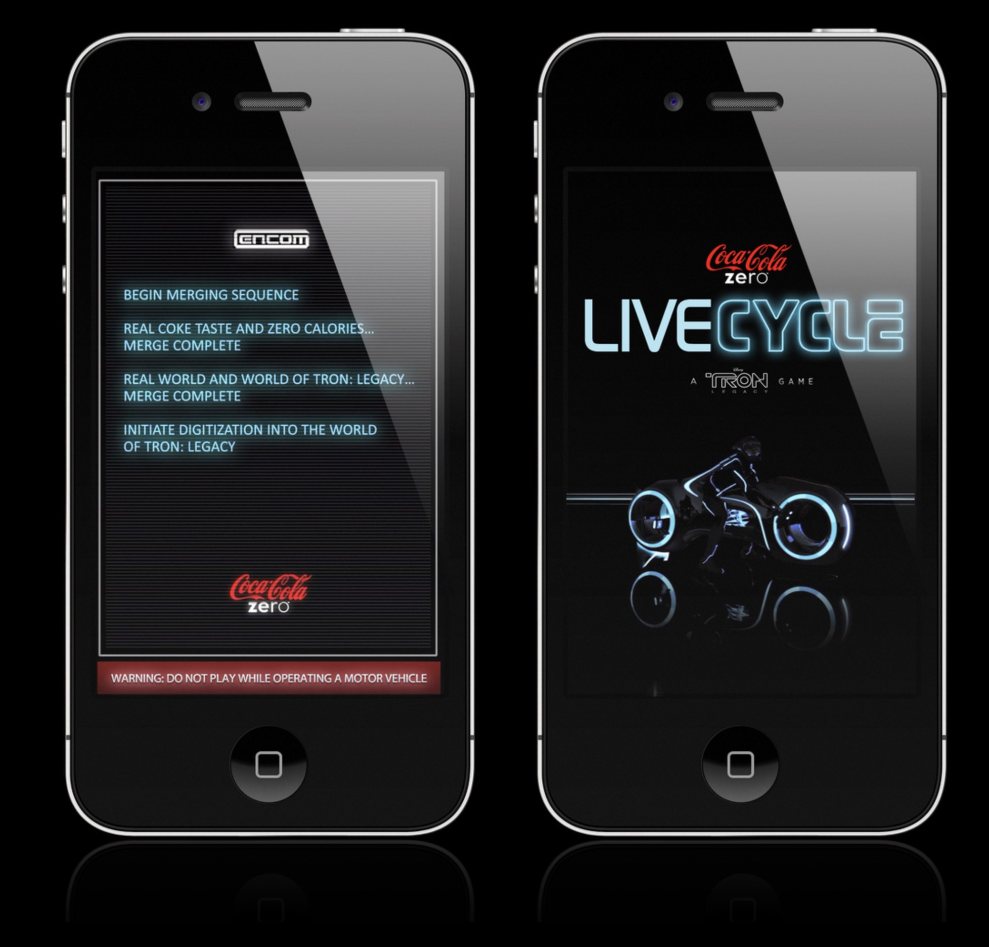 The LiveCycle launch screens — an ENCOM merging sequence and the Coke Zero LiveCycle title with a TRON light cycle